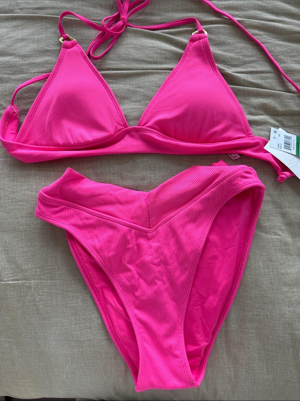 BECCA Hot Pink Ribbed Triangle Bikini Set